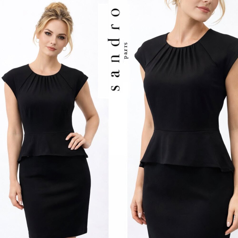 Sandro Paris Black Peplum Mini Dress Cap Sleeve Fitted Size 2
